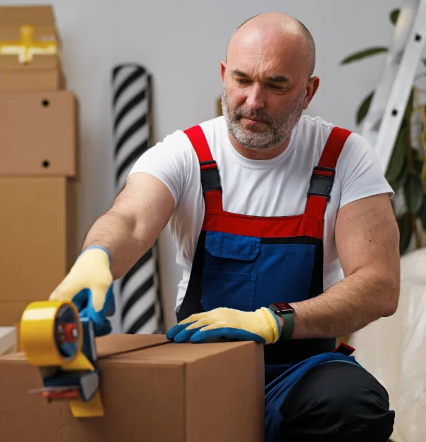Professional removals worker carefully packing a box with tape